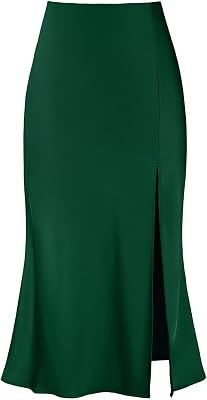 Womens High Waisted Casual Side Slit A Line Satin Midi Skirt