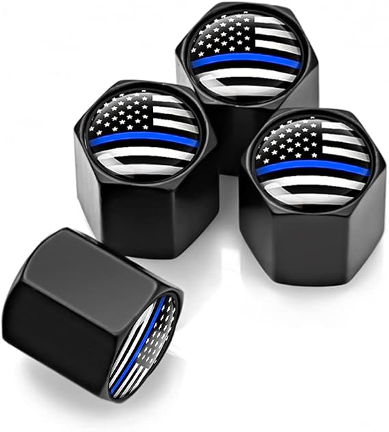 4 Pack American Flag Tire Valve Stem Caps, Air Covers, Black/Blue