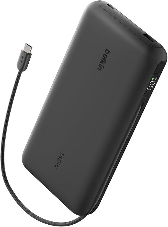 Belkin Portable Charger 25K, Power Bank with Integrated USB C Cable, 158W - Fast Charging Laptop Portable Battery Pack for MacBook Pro 14, iPhone 17 Series, iPad Pro, Galaxy S26, More - Black