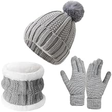 Womens Winter Beanie Hat Scarf Gloves 3 in 1 Set Fleece Lined Beanie Pompom Hat Gloves Scarf for Cold Weather