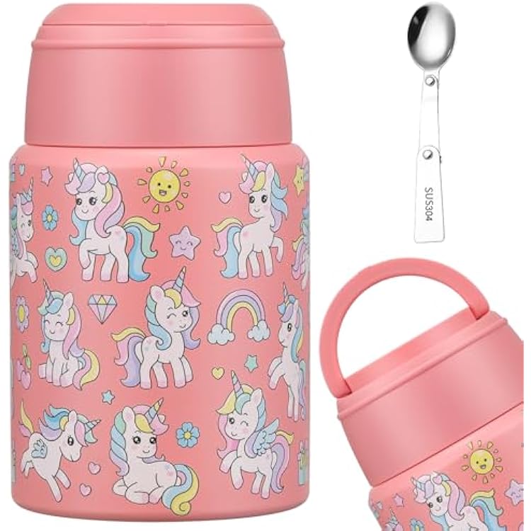 17oz Soup Thermo for Hot Food Kids Insulated Food Jar,Thermo Hot Food Lunch Container, Width Mouth Stainless Steel Lunch Box for Kids with Handle Folding Spoon Pink-Unicorn