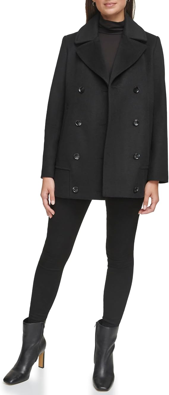 Kenneth Cole Womens Double Breast Notch Collar Button Details Wool Coat