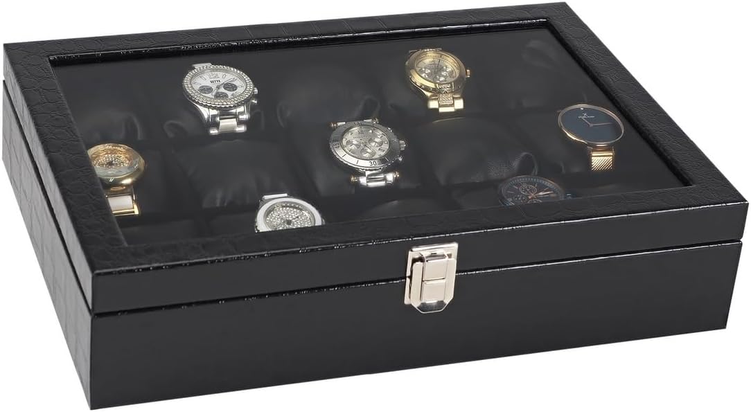 Chavin 15 Black Leather Luxury Series Wooden Glass Watch Box st15-52