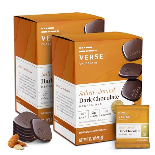 Verse 70% Dark Chocolate with Almonds - Only 3g Cane Sugar - Crunchy Salted Almond - Individually Wrapped Dark Cocoa Bar Chocolates 9 Count, 2 Pack