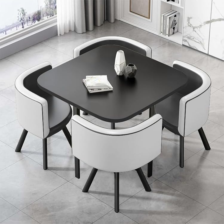 Dining Room Table and Chairs for 4,Negotiating Tables Set,Modern Coffee Tables Set with 4 Upholstered Chairs - 5 Piece Set Black Square Table & Gray-White Chairs 31.5 L x 31.5 W x 29.5 H