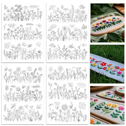 ORIGACH 4 Sheets 12 Pcs Water Soluble Embroidery Patterns Stabilizers - Pre-Printed Wildflowers & Flowering Shrubs Designs - Stick & Stitch Embroidery Paper for Hand Sewing Lovers