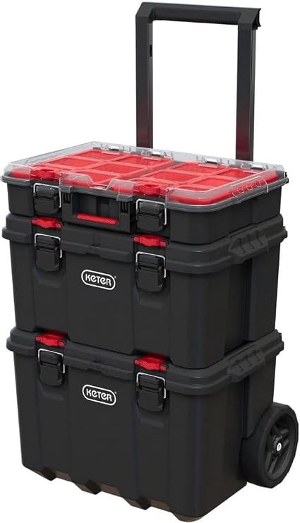 Keter Stack n' Roll Modular DIY Tool Storage System Cart with Wheels, Stackable, Lightweight, Durable, Water Resistant, Black