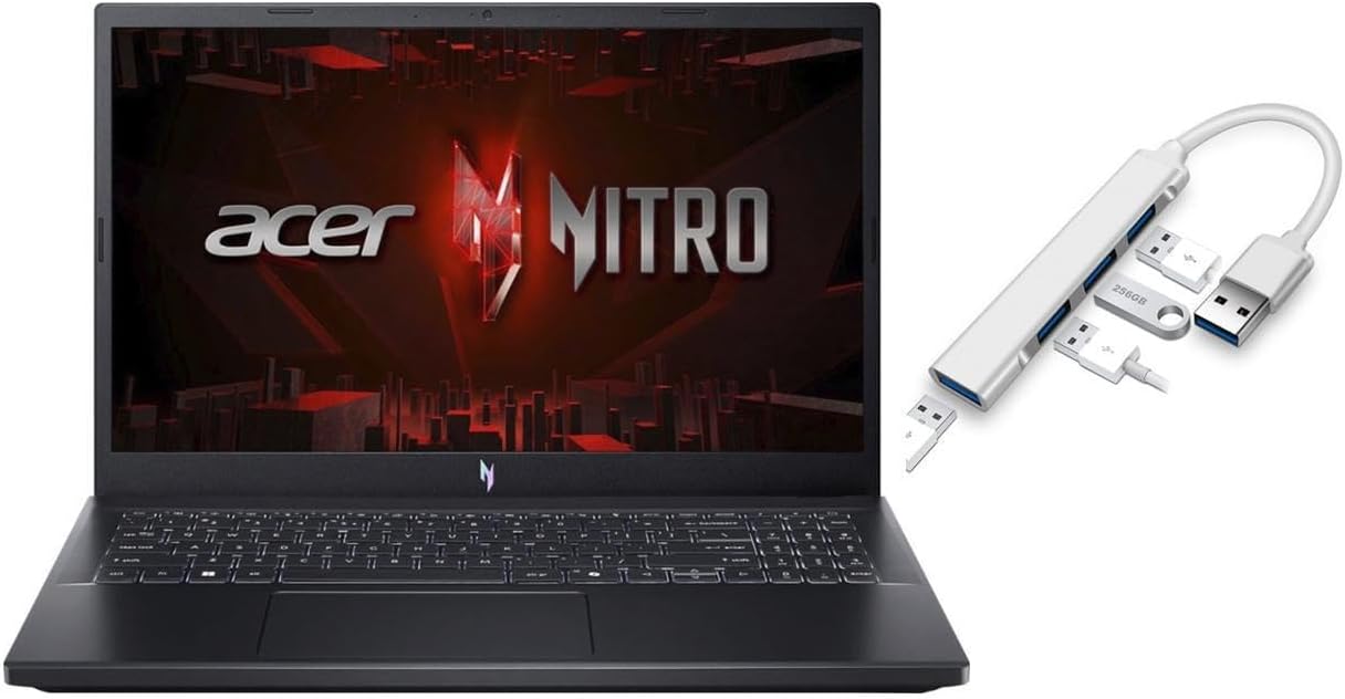 acer Nitro V 15.6 FHD 144Hz Gaming Laptop | Intel 10-Core i7-13620H | NVIDIA GeForce RTX 4060|Backlit | Black | 16GB RAM DDR5 | 1024GB SSD | Windows 11 Home |Bundle with USB 3.0 Hub