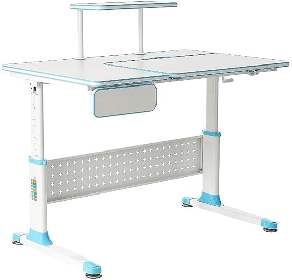 ApexDesk Height Adjustable Study Desk 43" w/Integrated Shelf & Drawer Little Soleil DX Series, Blue Desk Only