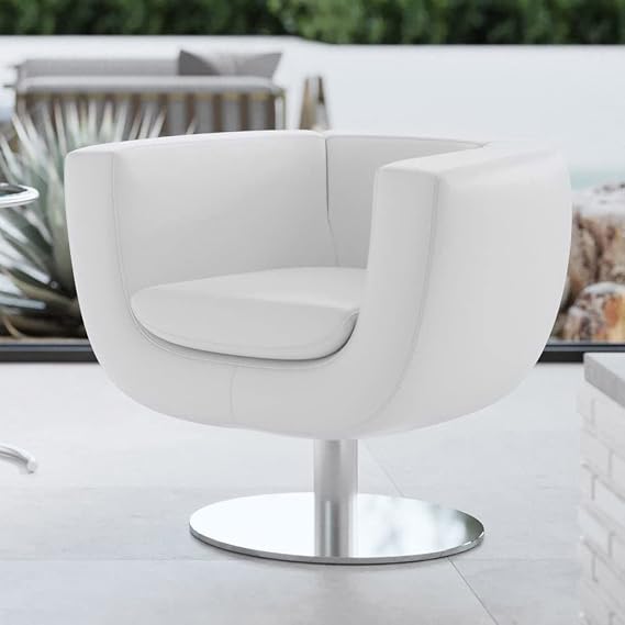 Zuri Furniture Modern Macie Swivel Lounge Chair - White Italian Top Grain Leather with Brushed Stainless Steel Base