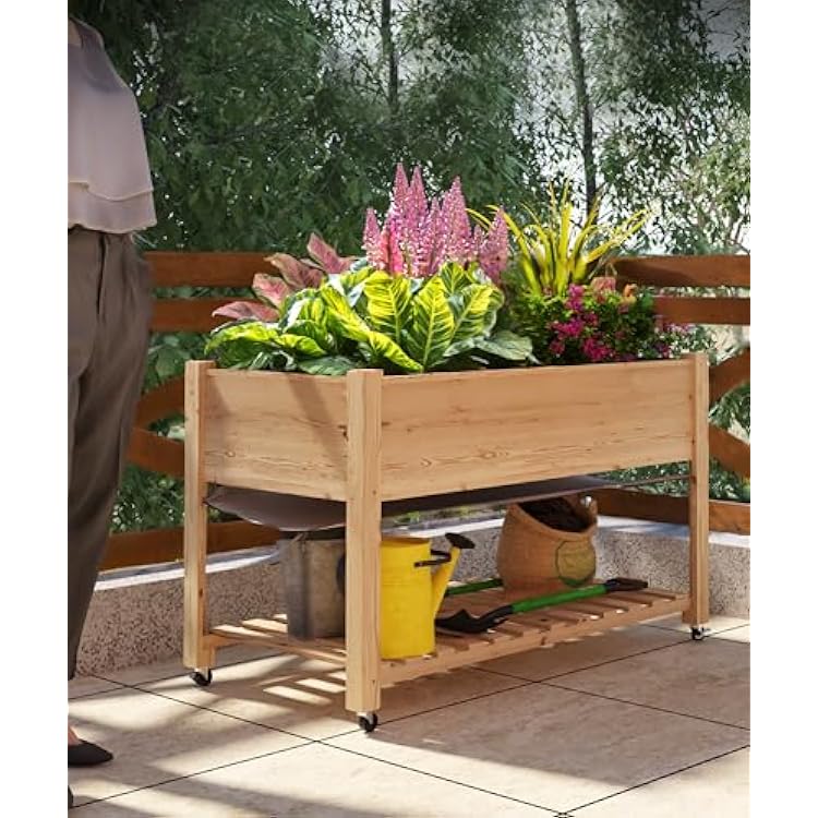 48x24x30in Raised Garden Bed with Wheels,Elevated Raised Planter Box Outdoor for Growing Vegetables and Herbs,Sturdy Wooden Raised Table Garden Bed with Legs-Enhanced Depth,Natural