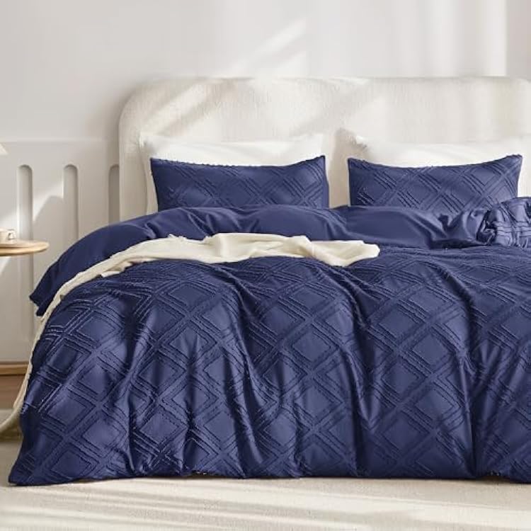 JELLYMONI Duvet Cover Queen Size Navy Blue - 3PCS Boho Duvet Cover Set Plaid Polyester Tufted Bohemian Jacquard Knit Textured Comforter Cover 9090in Rhombic Geometric Pattern Zipper Corner Tie