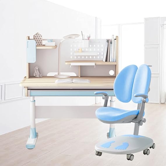 FCD Adjustable Height Kids Study Desk with Chair Drafting Table Computer Station Built-in Bookshelf Hutch Multi Function (Desk and Chair, Blue)
