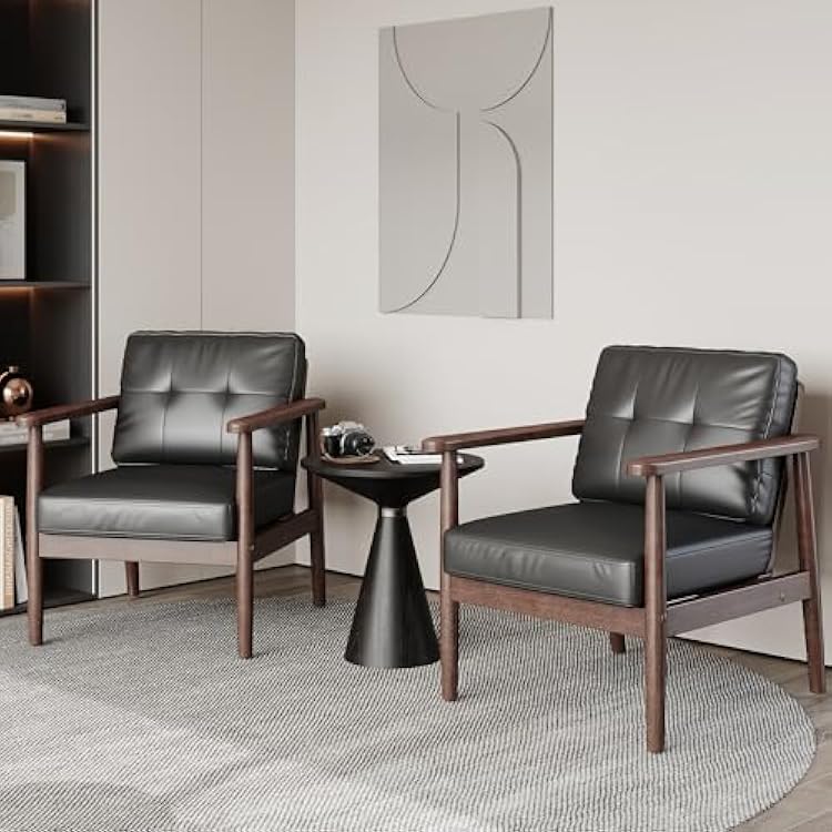 STHOUYN Mid Century Modern Chair, PU Leather Accent Chair Set of 2 with Wood Arms, Living Room Chairs, Reading Armchair for Bedroom, Waiting Room, Office