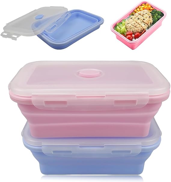 Pack of 2 Foldable Lunch Box 800 ml Foldable Silicone Tins with Lid