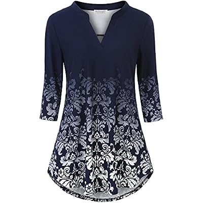 BAISHENGGT 34 Sleeve Tops for Women Notch V Neck Floral Work Blouses Dressy Casual Loose Fit Going Out Tunic Tops
