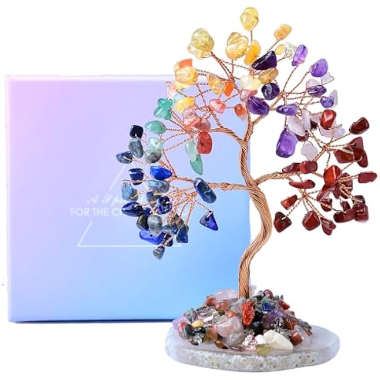 7 Chakra Healing Crystal Tree of Life with Agate Base, Handmade Spiritual Decor for Positive Energy, Meditation Gifts for Women, Mom, Home & Office
