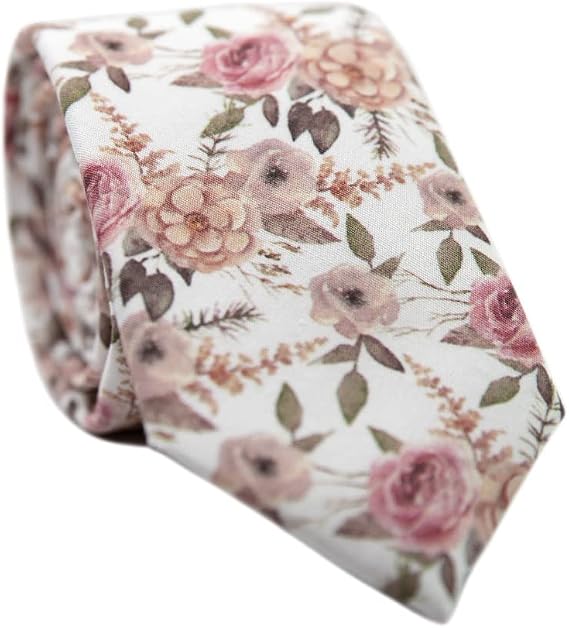 DAZI Men's Skinny Tie Floral Print Cotton Necktie, Great for Weddings, Groom, Groomsmen, Missions, Dances, Gifts.