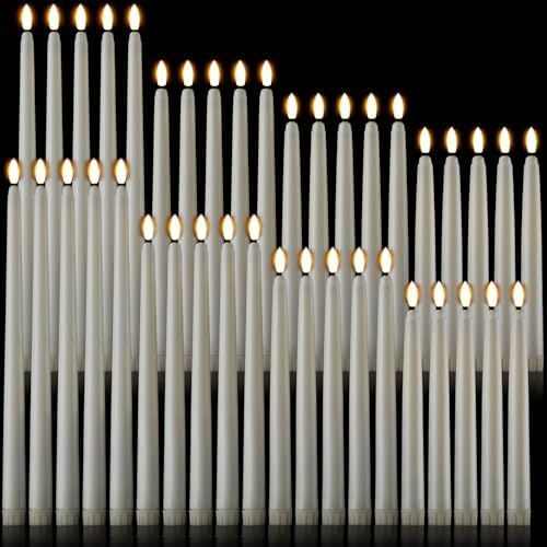 Baquler 40 Pcs Flameless Taper Candles LED Flickering Taper Bulk Battery Operated Flameless Candle for Halloween Christmas Birthday Wedding Decoration, 8.59.710.812.8 Inch Ivory