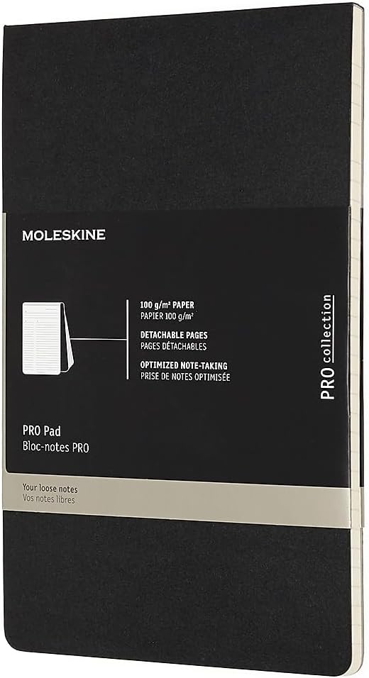 Moleskine PRO Pad, Soft Cover, Large (5" x 8.25") Ruled/Lined, Black, 96 Pages | Large 5" x 8.25" 96-page ruled notepad with detachable pages, bottom-flip design, and action-oriented meeting layouts.