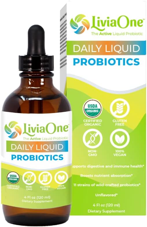 LiviaOne Daily Liquid Probiotics, USDA-Certified Organic, Allergen- and Gluten-Free Vegan Probiotic for Women and Men, Non-GMO and Raw, 4 Fl Oz, Pack of 1