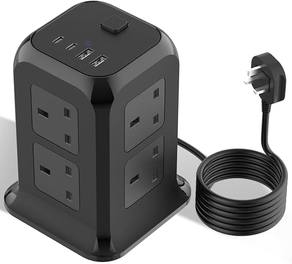 humpun Extension Lead Tower w/ USB C, 12 Way Outlets Surge Protected Extension Tower w/ 4 USB Ports (2.4A), 3250W Extension Cord, Overload Protection, 2M Extension Plug for PC/Phone/Laptop/Speaker/TV