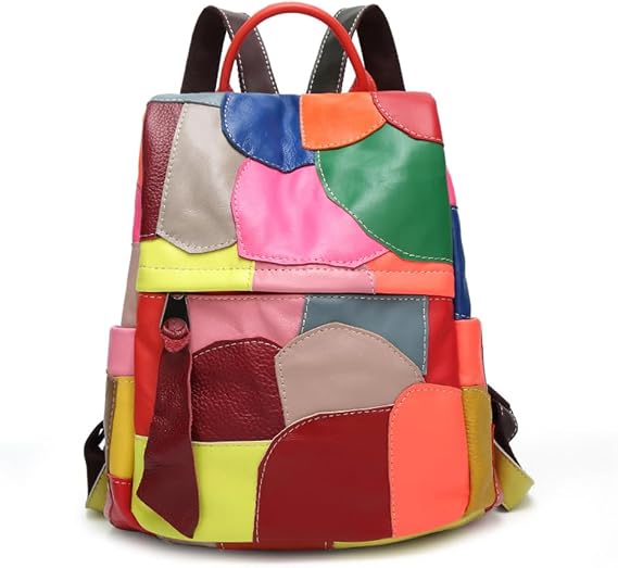 Multicolor Backpack for Women Cow Leather Colorful Splicing Shoulder Purses Random Multi-color Anti-theft Daypack