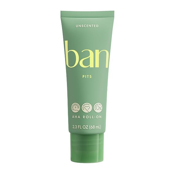 Ban Invisible Roll-On Aluminum-Free AHA Deodorant for Women and Men, Aluminum Free, 48-Hour Odor Protection, Unscented, 2.3 Oz