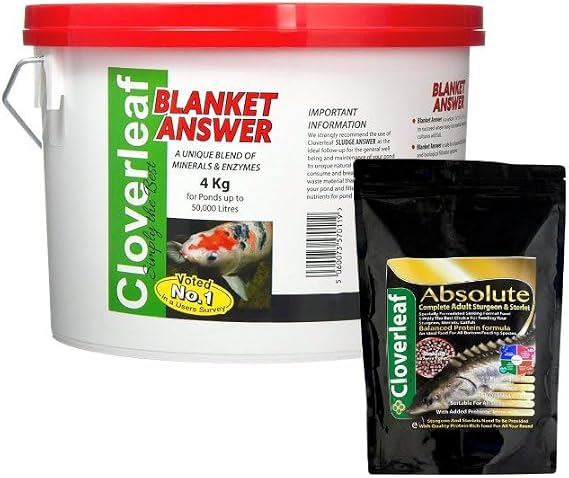 4KG Cloverleaf Blanket Answer Koi Fish Pond Blanketweed Algae Treatment & Koi Sturgeon Sterlet Sinking Pellet Food - 250g Juvenile 2mm 54% Protein
