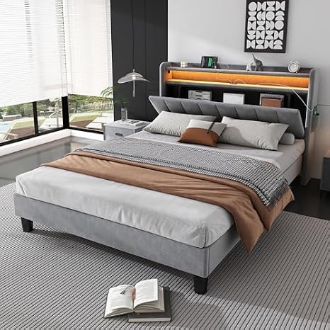 BTM Double Bed Frame, Upholstered Bed with Lower Flap Door Storage, LED Light Strip and 4 USB Port, 4FT6-135x190cm, Velvet, Grey(No Mattress)
