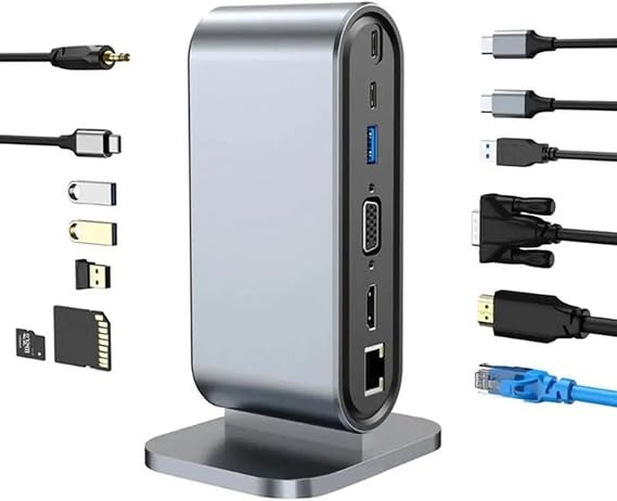 Coverzone USB C to HDTV + VGA + 7 Ports HUB + SD/TF Readcarder SB C Hub Laptop Dock, 12 in 1 Dock with VGA, HDMI 4K, 100Mbps Ethernet, 3 x USB-A 3.0 and 100W USB-ZR773