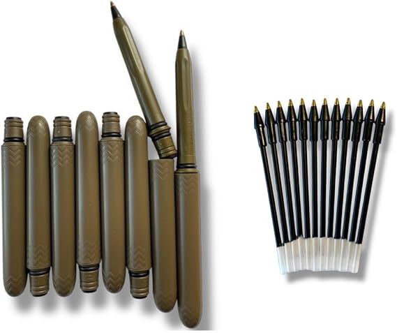 Pokka Flat Dark Earth Pen 8-Pack with 12-Pack ink refills - USA Made Pocket Pen with refillscompact, affordable, lightweight, EDC black ink ballpoint penwaterproof, floatscarries small, writes big