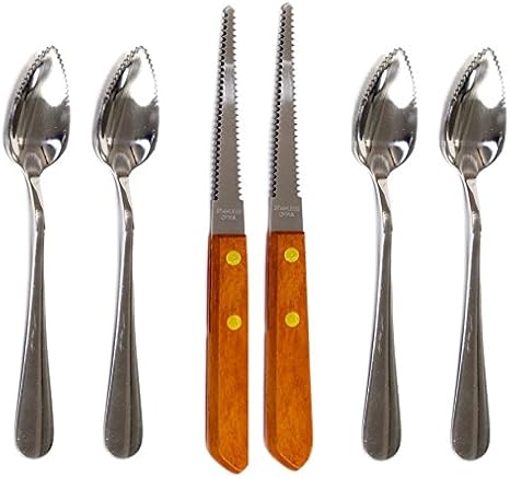 Four (4) Grapefruit Spoons and 2 Grapefruit Knives, Stainless Steel, Serrated Edges
