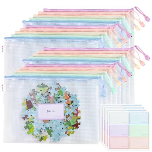20pcs Mesh Zipper Pouch Bags File Puzzle Storage Bags, A4 Zipper Bags for Organizing Storage, Waterproof Zipper Pouches with Label Pocket, Board Games and Office Supplies Macaroon Colors