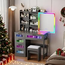 Gurexl RGB Vanity Desk with Sliding Mirror and Lights,Glass Top Makeup Vanity with Wireless Charging Station,7 Dynamic and 7 Static Dimmable Dressing Table with 5 Drawers,Shelves,Hooks,Stool