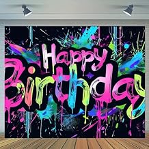 Neon Happy Birthday Banner - 71x43 Photography Backdrops, Party Background Decorations, Colorful Graffiti Splash Paint Kids Birthday Supplies, Glow in The Dark