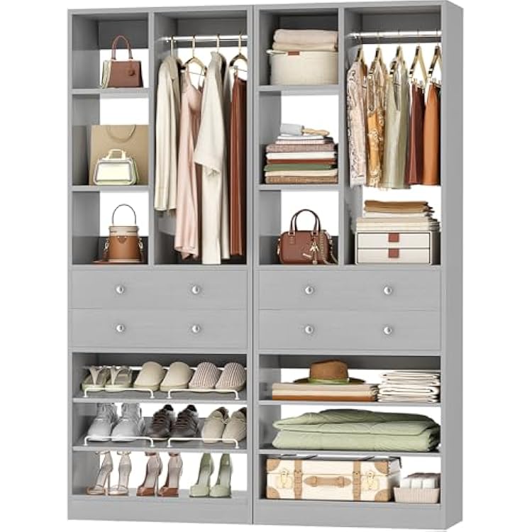 Besiost Closet System, 55.54.6 FT Closet Organizer System with Drawers and Shelves, Walk-in Closets Systems for Small Closets, Free Standing Closet Tower, Load 1200LBS, Morandi Grey 2 Pack