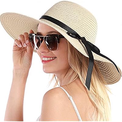Double Couple Womens Straw Hat Wide Brim Floppy Beach Sun Hat for Women UPF 50 Adjustable Strap Vacation