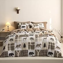 Wake In Cloud - Rustic Comforter Set with Sheets, Cabin Lodge Christmas Bear Moose Deer Wildlife Western Patchwork Country, 7 Pieces Bed in a Bag, Tan Brown, Queen Size
