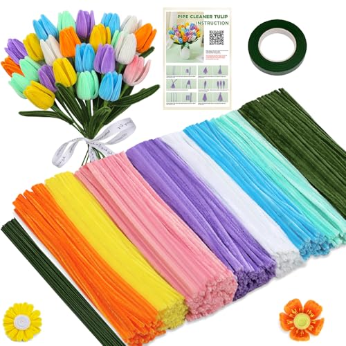 ZXIIXZ 550 Pcs Pipe Cleaners Craft, 8 Colors Pipe Cleaners Bulk Flower Kit, Chenille Stems Fuzzy Sticks Craft Supplies for Flower Making, Festival Home Art Decor