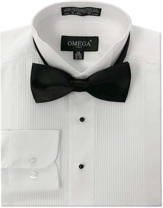 Mens Wing Collar Tuxedo Shirt with Bowtie, 1/8" Pleat & Convertible Cuffs