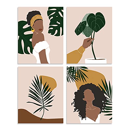 CHDITB Modern Abstract African Women Art Print,Set Of 48x10Minimalist Green Leaf Canvas Wall Art Painting,Fashion Black Girl Botanical Poster For Women Bedroom Living Room Dressing Room Decor,No Frame