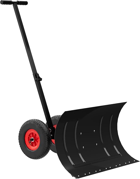 GarveeTech 15 in H X 30 in W Metal Snow Pusher with Wheels, Adjustable Angle & Height Handle for Effortless Snow Removal | Ergonomic Double-Rod Design for Driveway & Sidewalk
