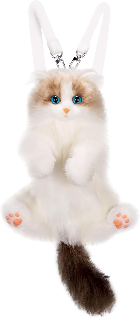 Chongker Cat Shaped Purse with Adjustable Strap, Realistic Plush Backpack Cat Shaped Crossbody Bag for Kids and Girls