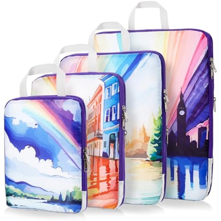 Gonex Compression Packing Cubes, 4pcs Expandable Storage Travel Luggage Bags Organizers, Travel Cubes for Suitcase Carry On Rainbow