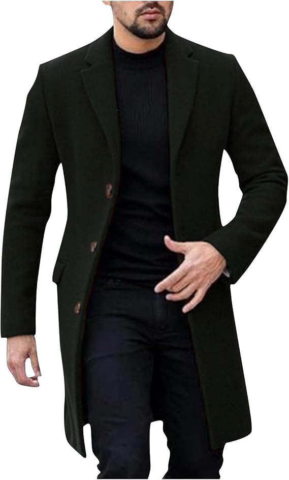 Men's Long Winter Coats Wool Blend Jackets Single Breasted Notch Lapel Warm Overcoat Work Business Casual Trench Coat