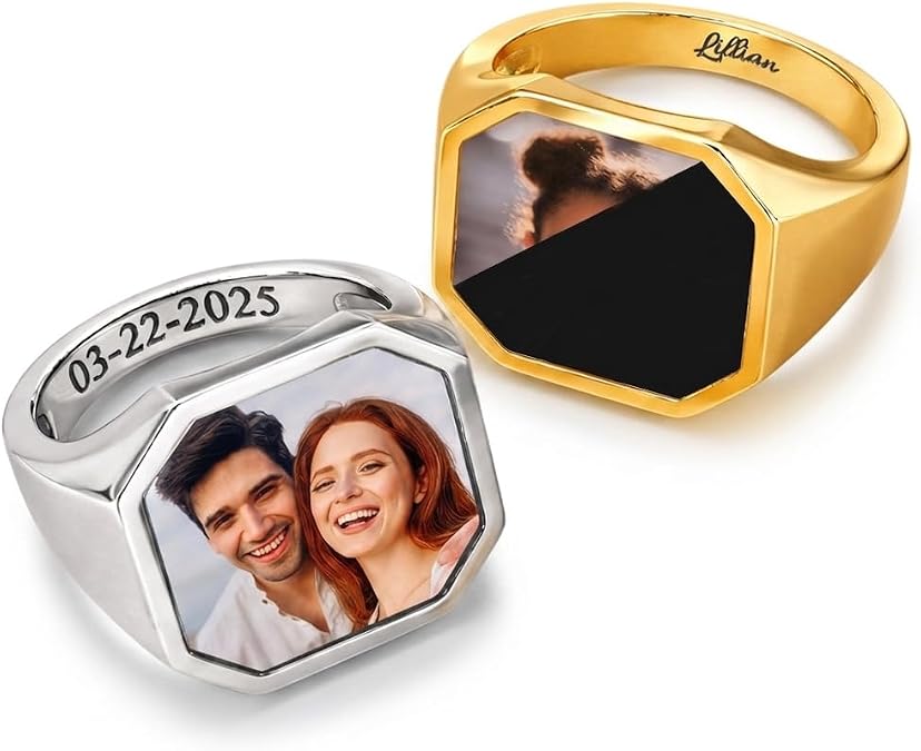 Custom Heat Activated Hidden Photo Magic Ring - Personalized Heat Reveal Picture Ring with Engraved Name or Date - Secret Image Memorial Promise Couple Ring Jewelry Gift for Men Women Dad Mom Couples