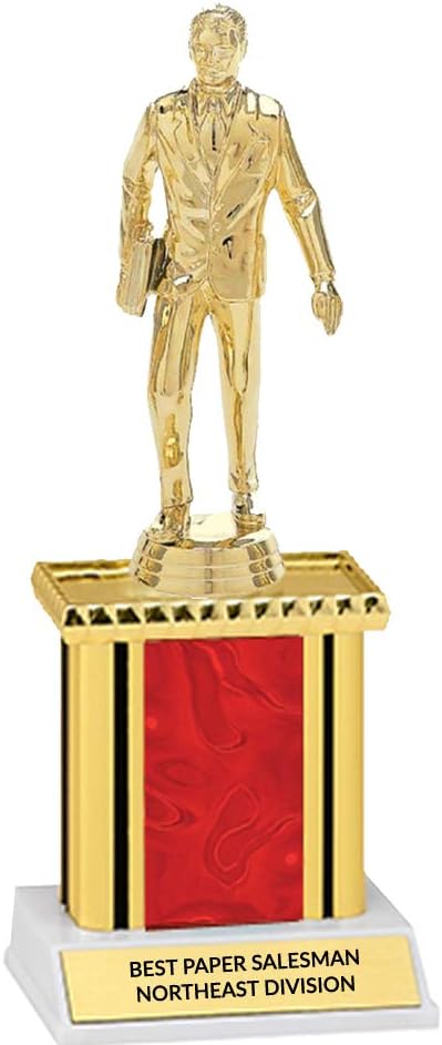 DINN BROS Customizable Office Award, Salesman Trophy, Custom Engraving, Gold & Red Column On Marble Base