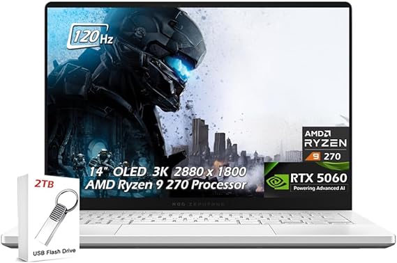 ASUS ROG Zephyrus G14 Gaming Laptop, 14" OLED 3K 120Hz 500nits, AMD Ryzen 9 270, NVIDIA GeForce RTX 5060, Wi-Fi7, Backlit KB, Win11, Platinum White, (16GB RAM 1TB SSD), w/2TB USB Drive, W/GaLiMu