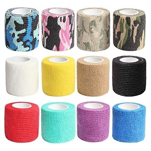 Self Adhesive Tape,Cohesive Wrap Bandages,Camouflage Wrap Tape for Hunting,Strong Elastic Stretch Sports Tape for Wrist Sprains & Swelling,12 Pack-2 x5 Yards12 Color
